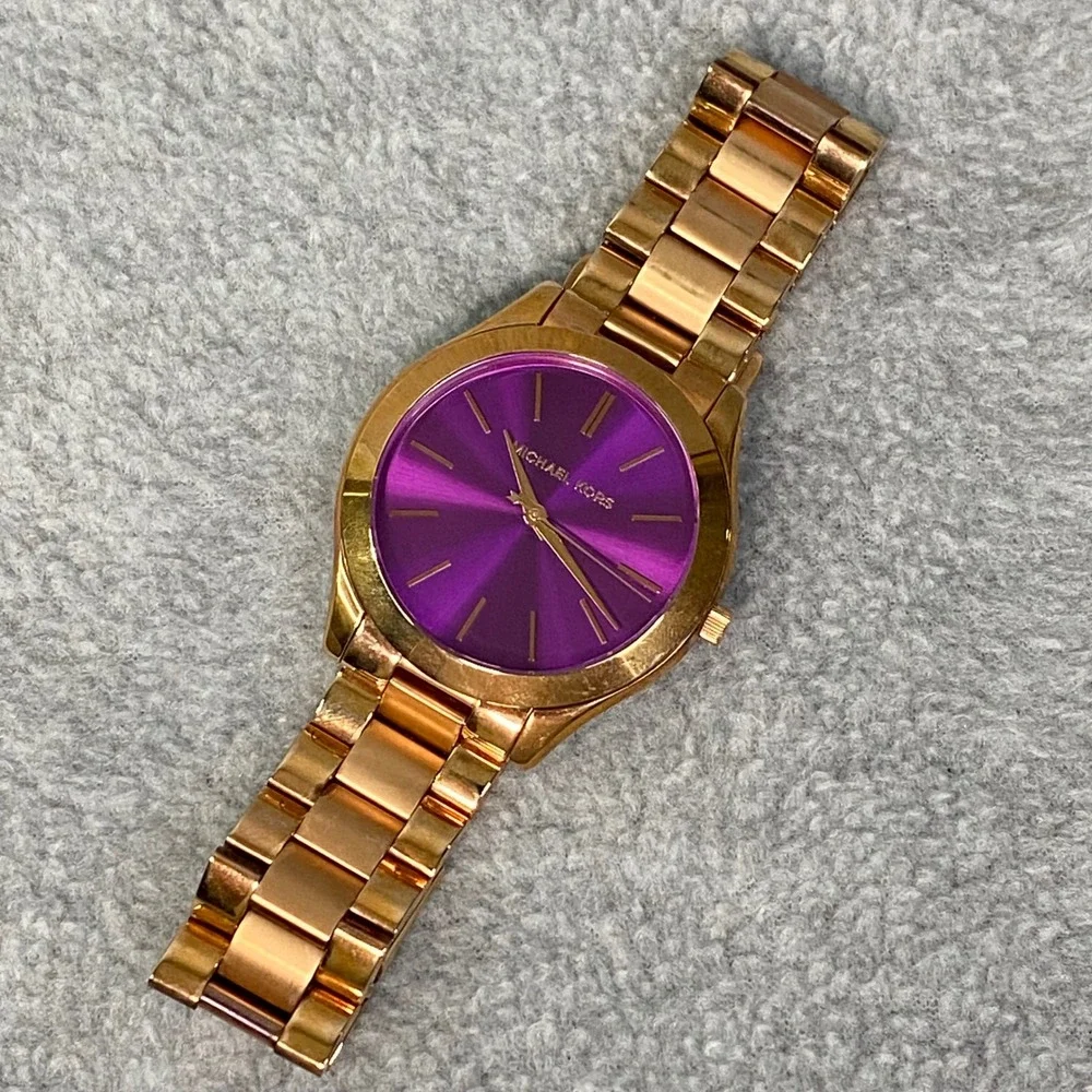Michael Kors Watch Women Rose Gold Purple Slim Runway MK-3293 Luxe Chic EUC